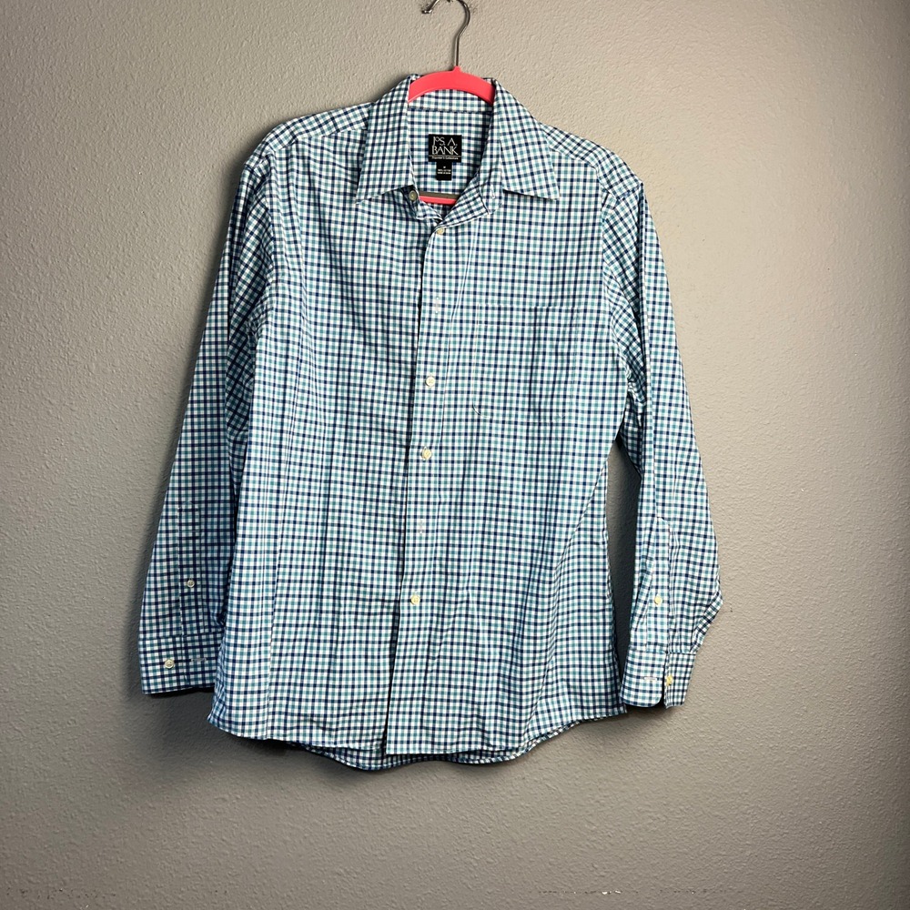 Jos A Bank Travelers Collection Mens Medium Blue Teal Gingham Check Cotton Shirt